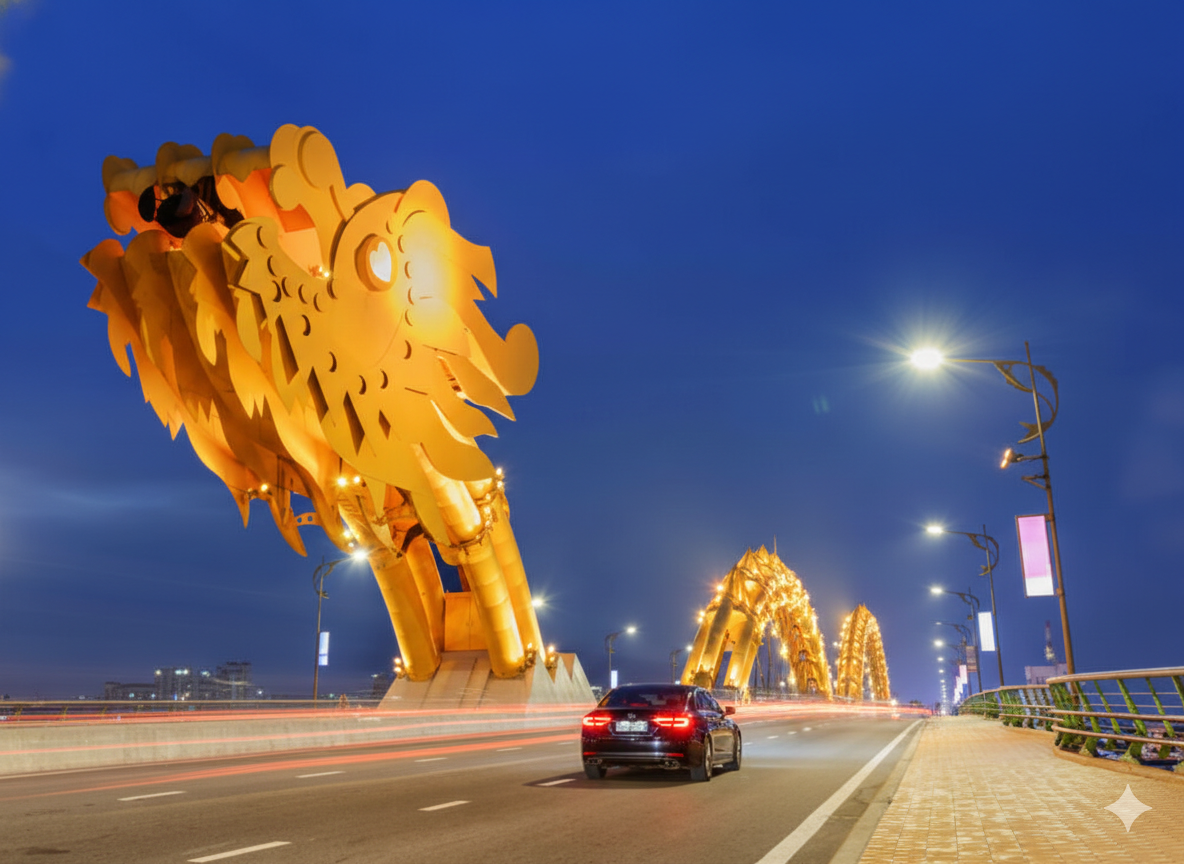 Xe &ocirc; t&ocirc; đang di chuyển tr&ecirc;n đường phố Đ&agrave; Nẵng với cầu Rồng, thể hiện sự an to&agrave;n v&agrave; được bảo vệ.