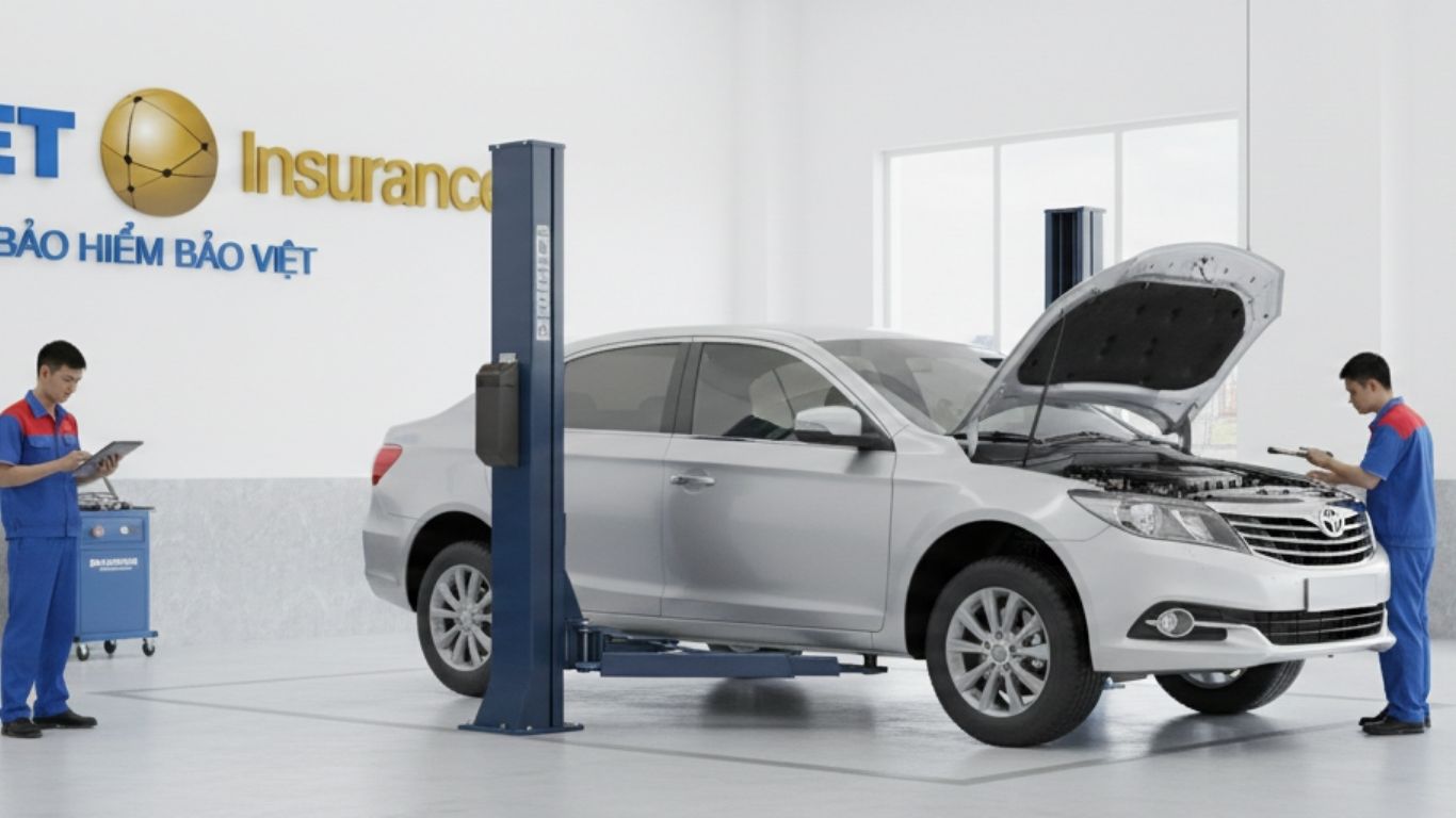 Garage sửa chữa &ocirc; t&ocirc; hiện đại tại Đ&agrave; Nẵng, c&oacute; logo Bảo Việt, xe đang được kiểm tra, thể hiện chất lượng dịch vụ.