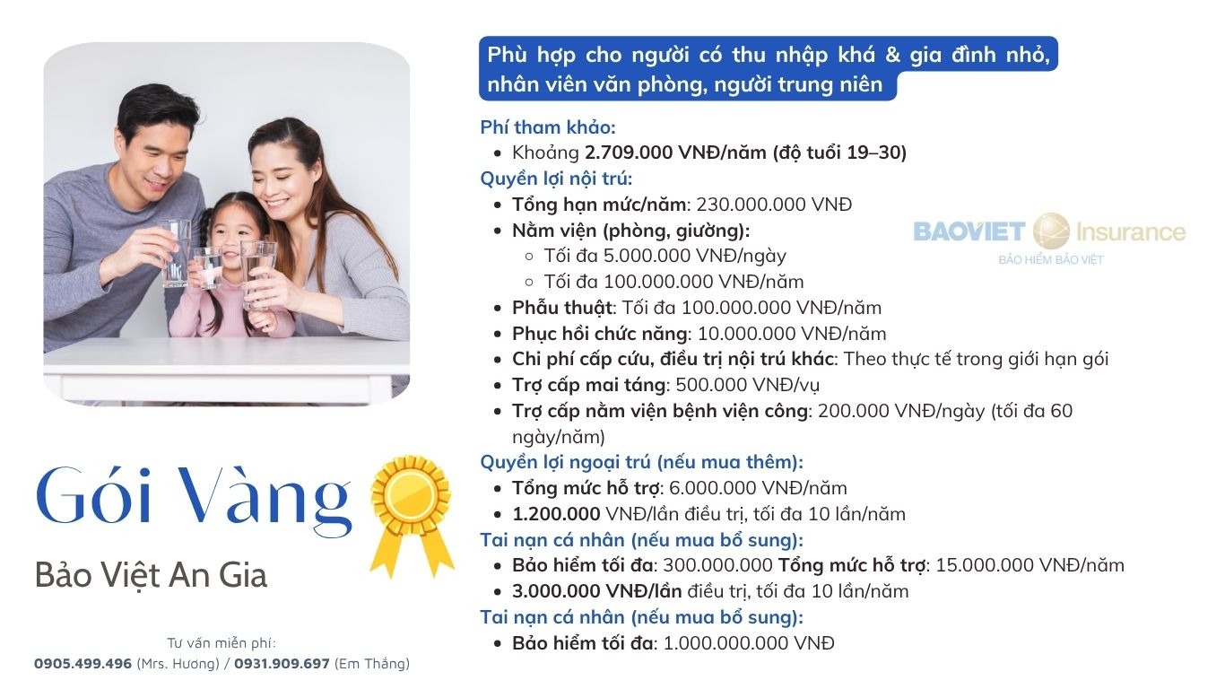 Chi tiết gói Vàng - Bảo Việt An Gia tại Bảo Việt: Chi phí và quyền lợi bảo hiểm 